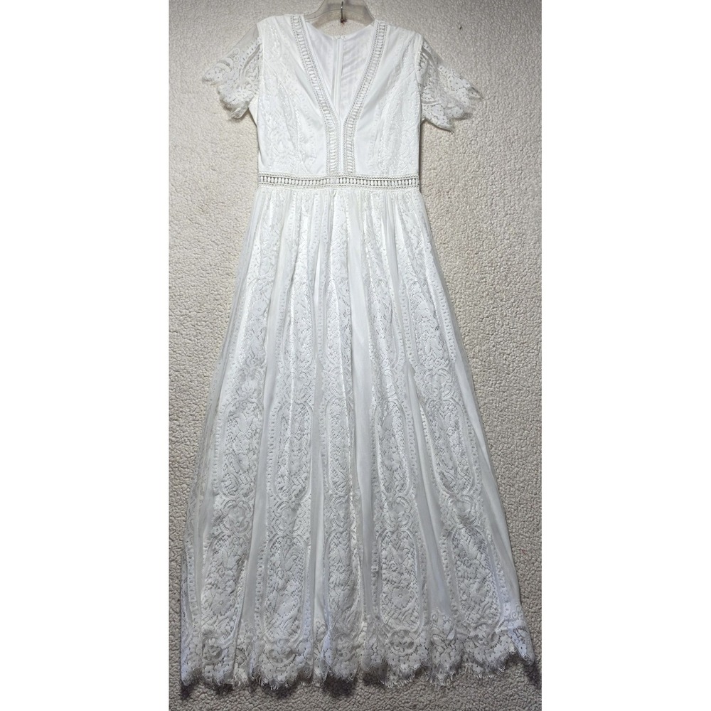 White Lace Maxi Dress V-Neck Crochet Trim Short Sleeve Bridal Boho Gown